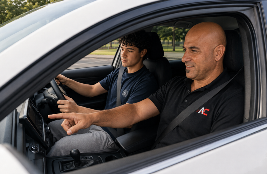 Andrew guiding a learner driver from the passenger seat