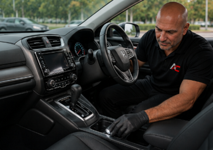 Andrew inspecting a vehicle interior by torchlight in Auto Check Group uniform